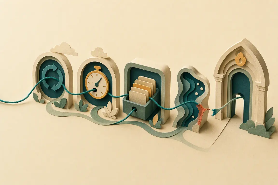 Paper-cut diorama of a teal trace thread crossing layered async portals before a torn gap